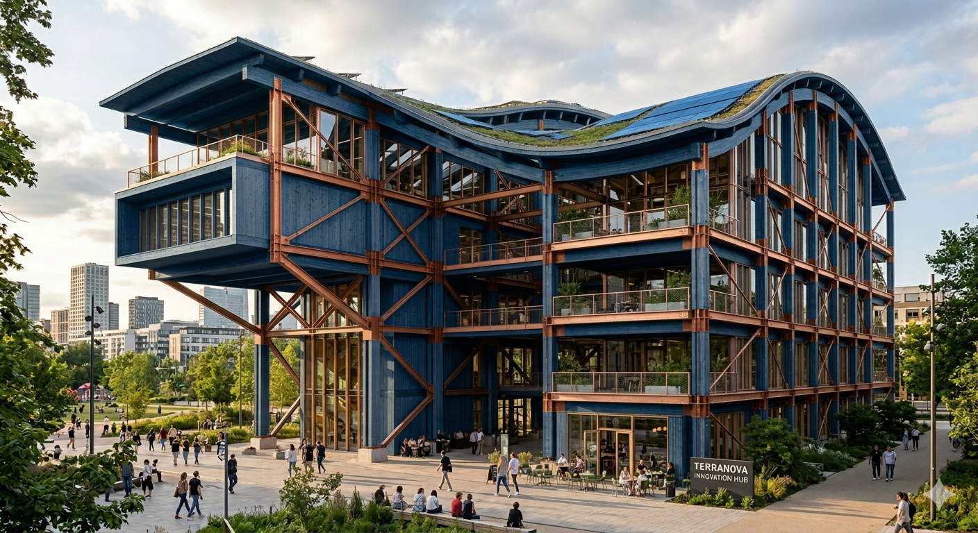 Terranova Innovation Hub timber and steel building detailed in Tekla
