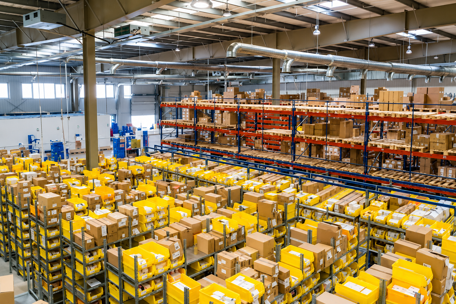Warehouse interior with racked inventory detailed by DwellFrames